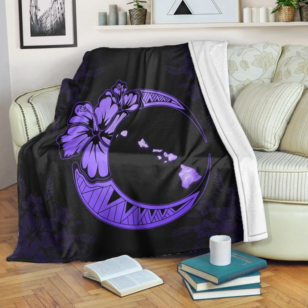 Hawaiian Map Hibiscus Turtle Polynesian Moon Premium Blankets Purple - AH White - Polynesian Pride