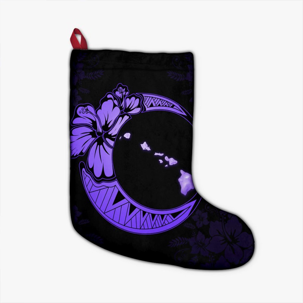 Hawaiian Map Hibiscus Turtle Polynesian Moon Christmas Stocking Purple - AH Christmas Stocking 26 X 42 cm Black - Polynesian Pride