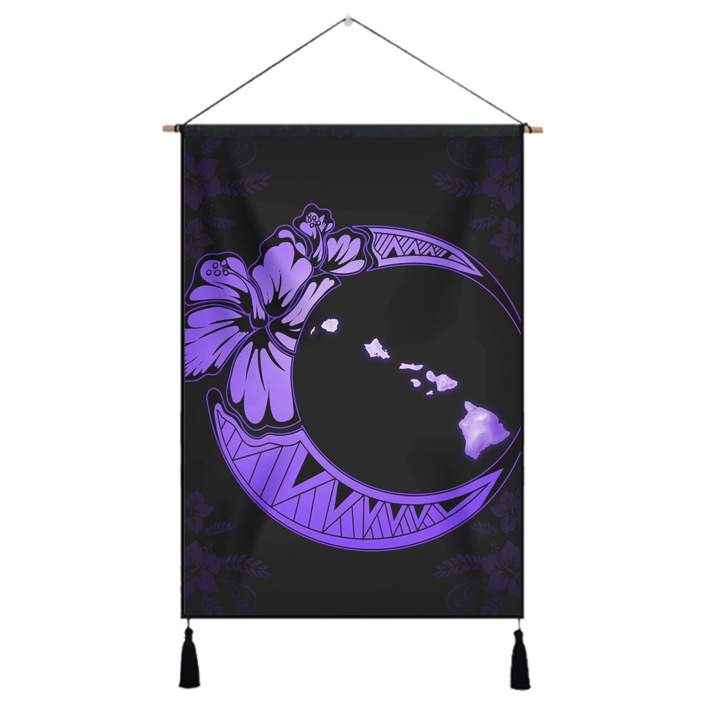 Hawaiian Map Hibiscus Turtle Polynesian Moon Hanging Poster Purple - AH Hanging Poster Cotton And Linen - Polynesian Pride