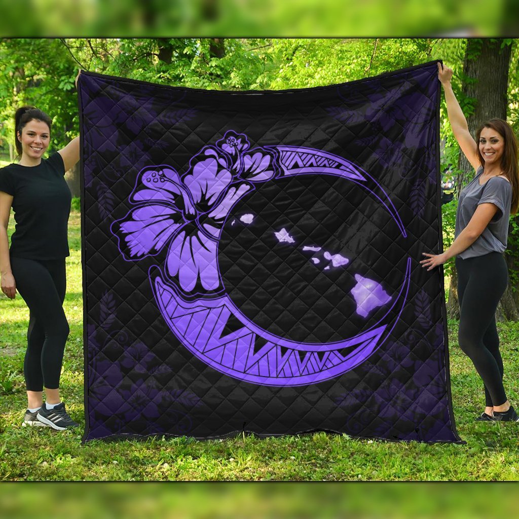 Hawaiian Map Hibiscus Turtle Polynesian Moon Premium Quilts Purple - AH Black - Polynesian Pride