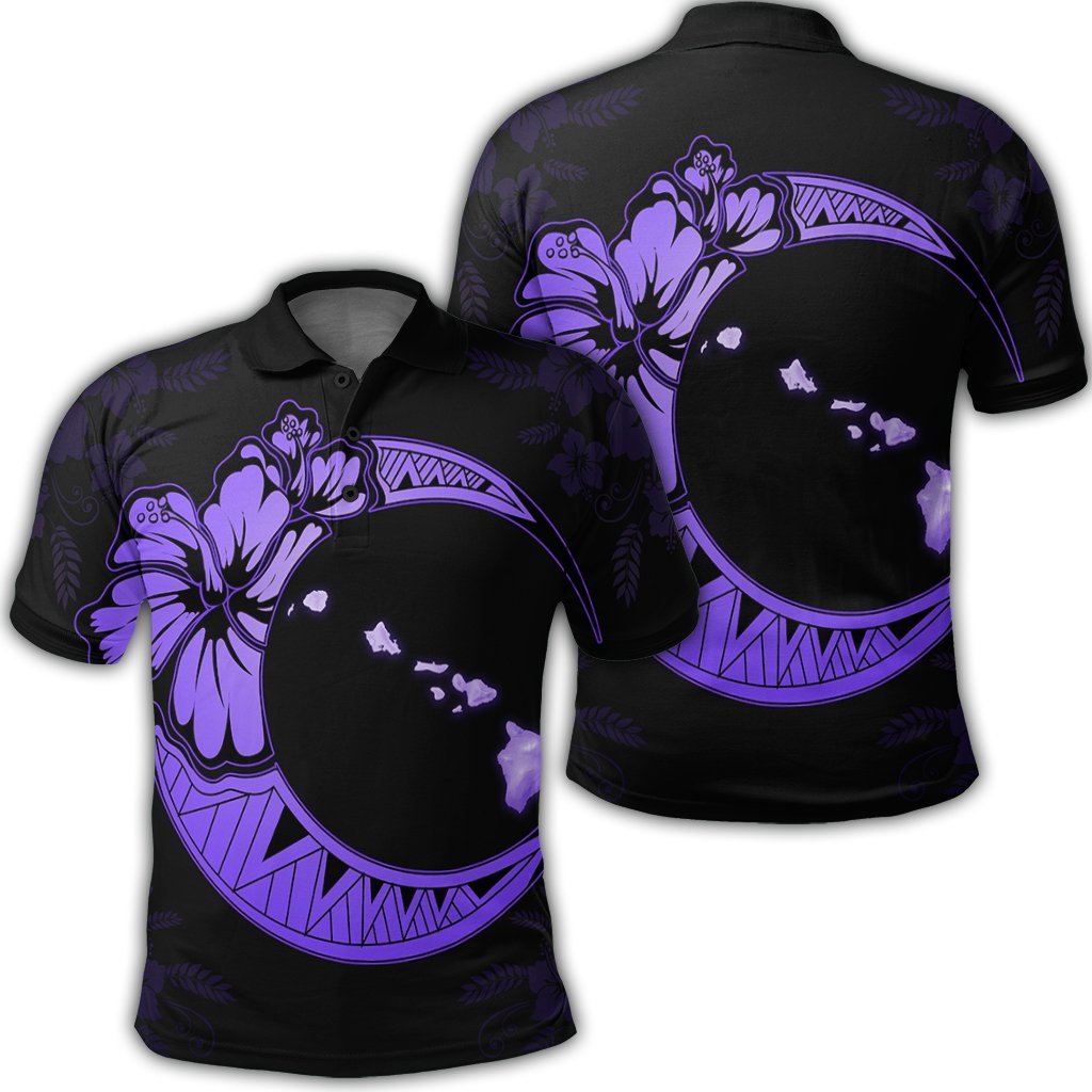 Hawaiian Map Hibiscus Turtle Polynesian Moon Polo Shirt Purple Unisex Black - Polynesian Pride