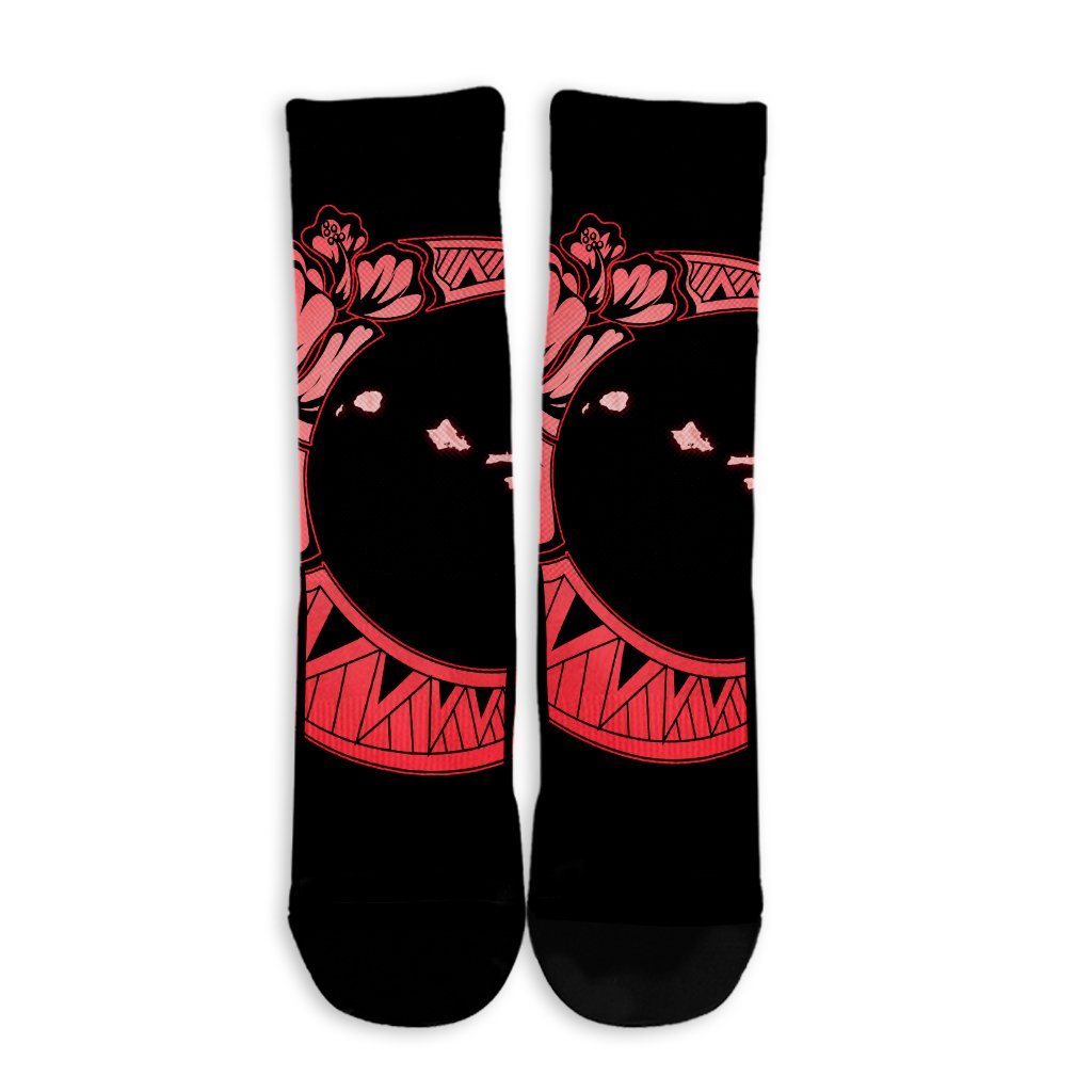 Hawaiian Map Hibiscus Turtle Polynesian Moon Crew Socks Red - AH - Polynesian Pride