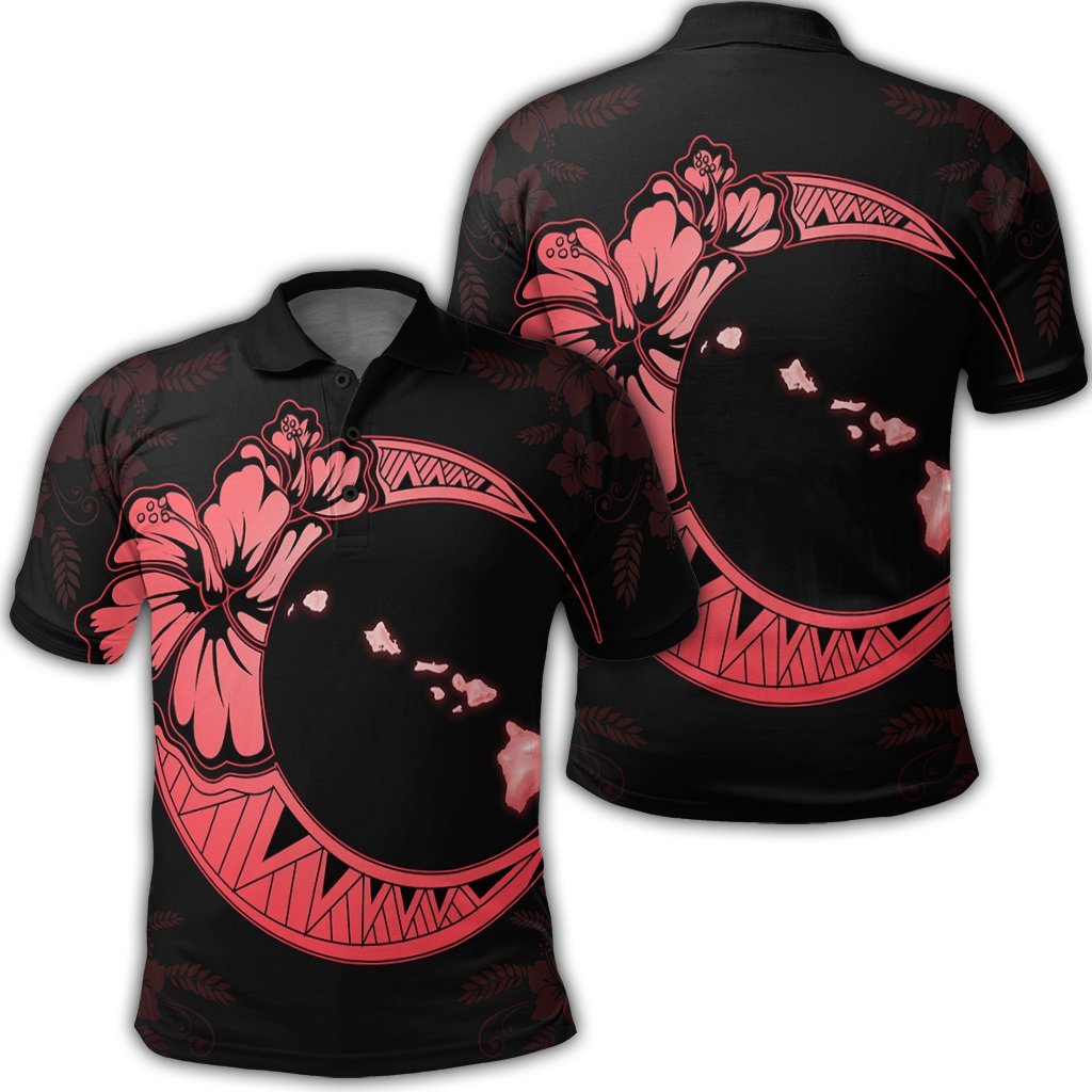 Hawaiian Map Hibiscus Turtle Polynesian Moon Polo Shirt Red Unisex Black - Polynesian Pride