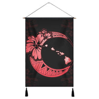 Hawaiian Map Hibiscus Turtle Polynesian Moon Hanging Poster Red - AH Hanging Poster Cotton And Linen - Polynesian Pride