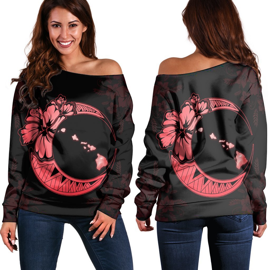 Hawaiian Map Hibiscus Turtle Polynesian Moon Women's Off Shoulder Sweater Red - AH Black - Polynesian Pride