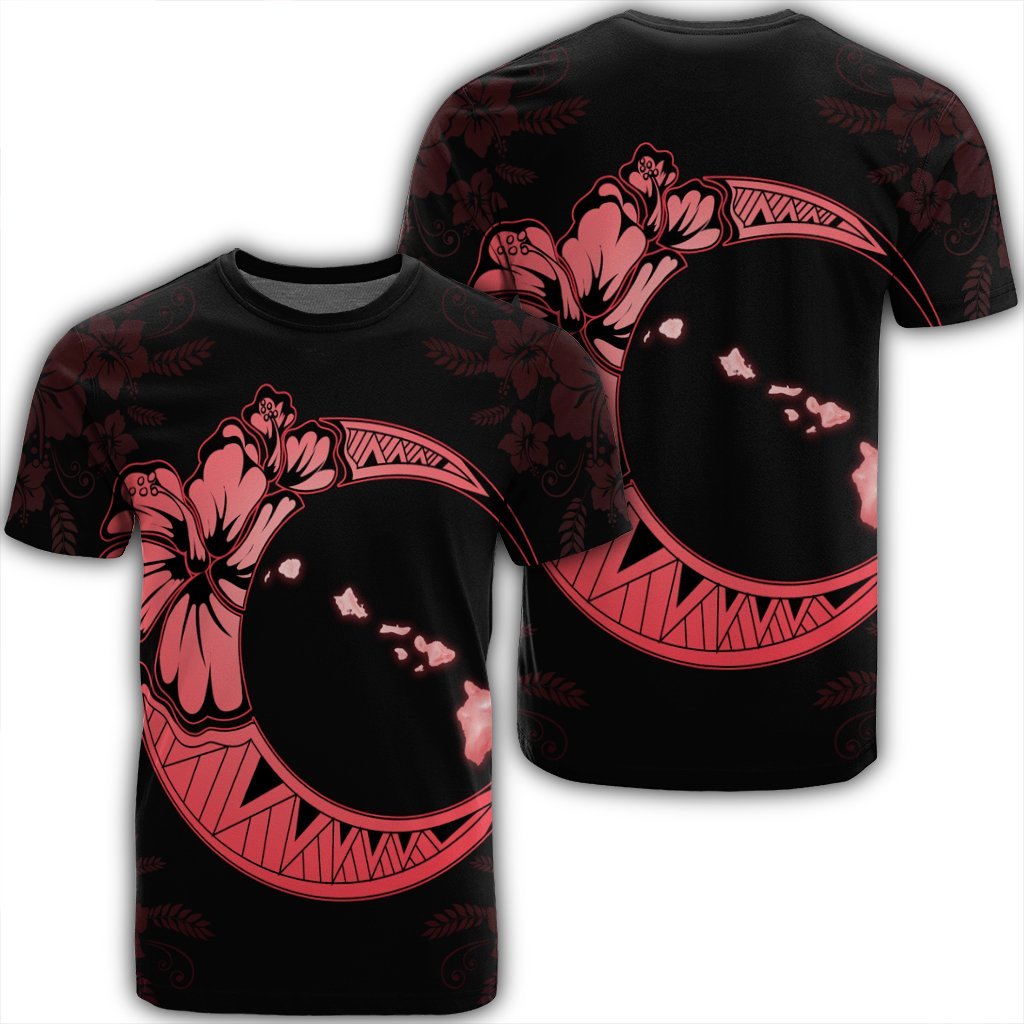 Hawaiian Map Hibiscus Turtle Polynesian Moon T Shirt Red Unisex Black - Polynesian Pride