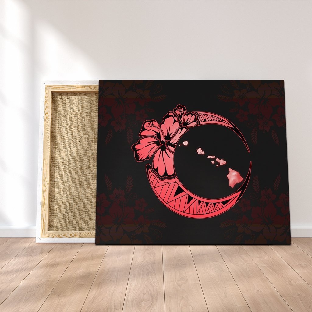 Hawaiian Map Hibiscus Turtle Polynesian Moon Canvas Red - AH Canvas Poly-cotton - Polynesian Pride