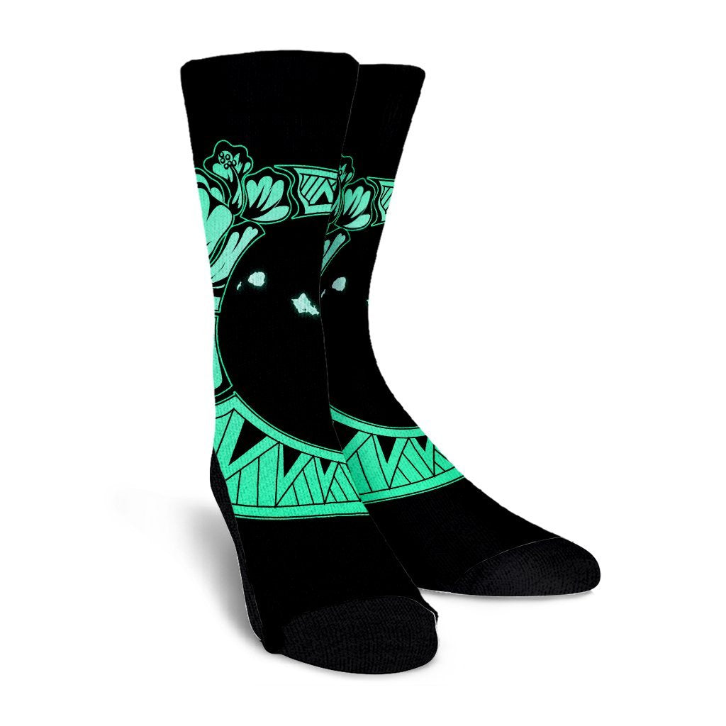 Hawaiian Map Hibiscus Turtle Polynesian Moon Crew Socks Turquoise - AH - Polynesian Pride