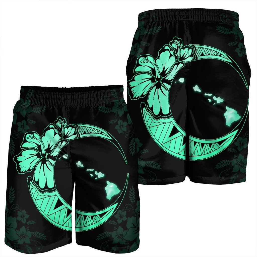 Hawaiian Map Hibiscus Turtle Polynesian Moon Men's Shorts Turquoise - AH - Polynesian Pride