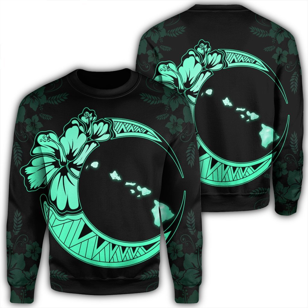 Hawaiian Map Hibiscus Turtle Polynesian Moon Sweatshirt Turquoise - AH Unisex Black - Polynesian Pride