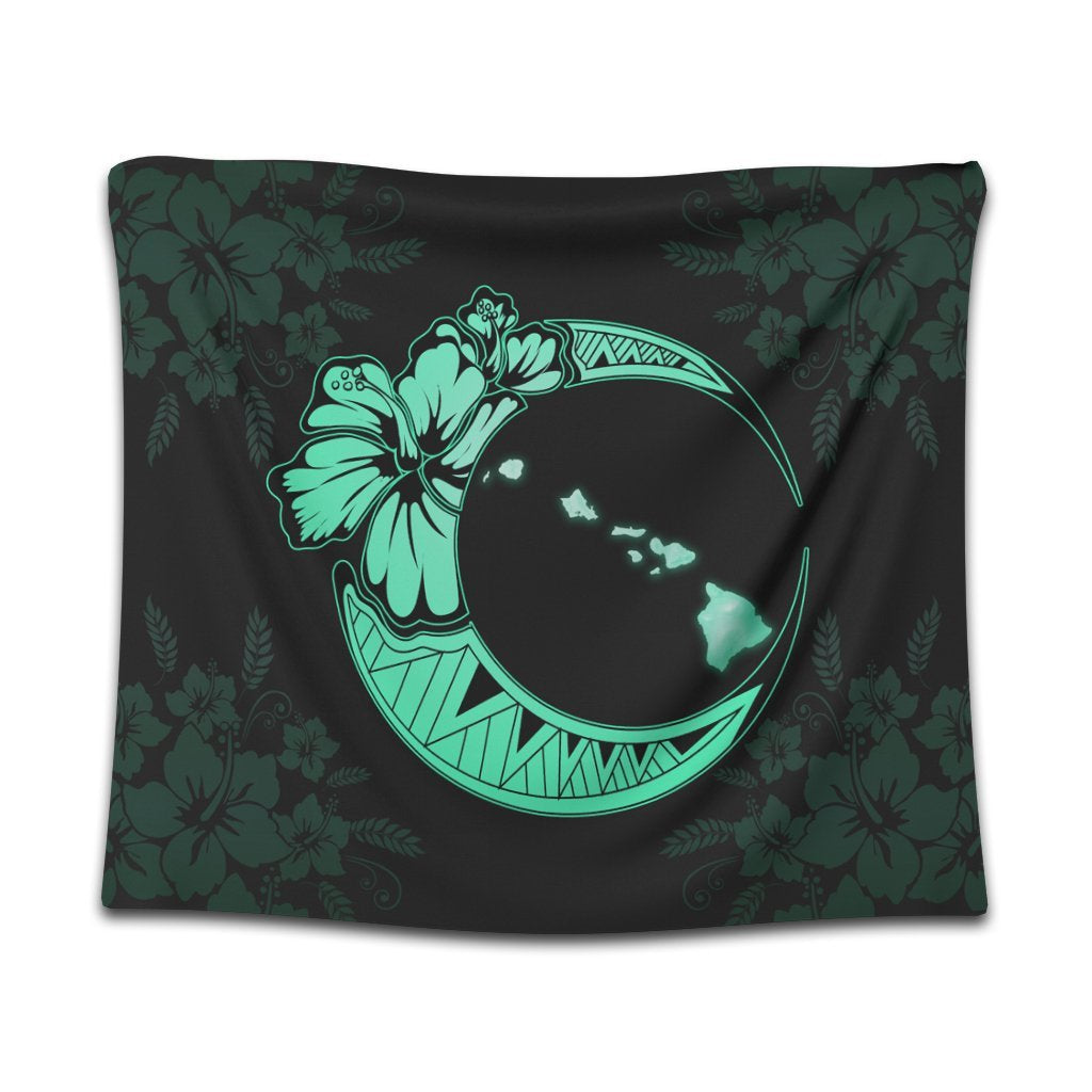 Hawaiian Map Hibiscus Turtle Polynesian Moon Tapestry Turquoise - AH Wall Tapestry Black - Polynesian Pride