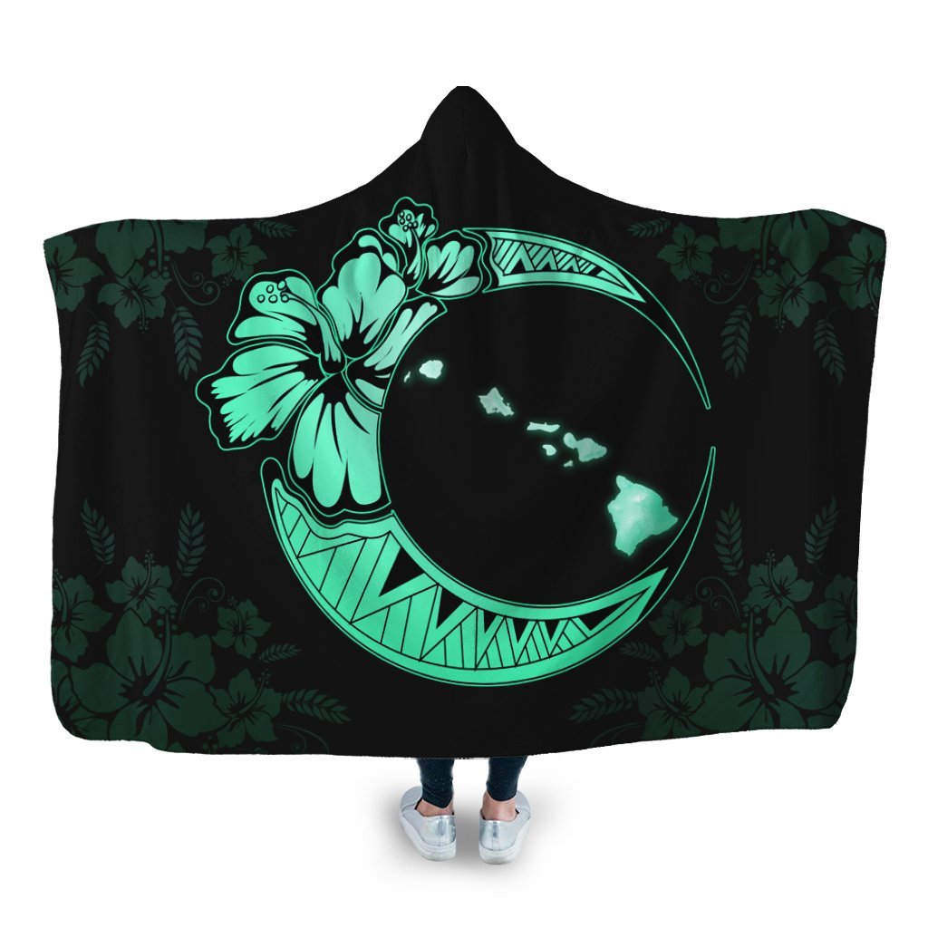 Hawaiian Map Hibiscus Turtle Polynesian Moon Hooded Blanket Turquoise - AH Hooded Blanket White - Polynesian Pride