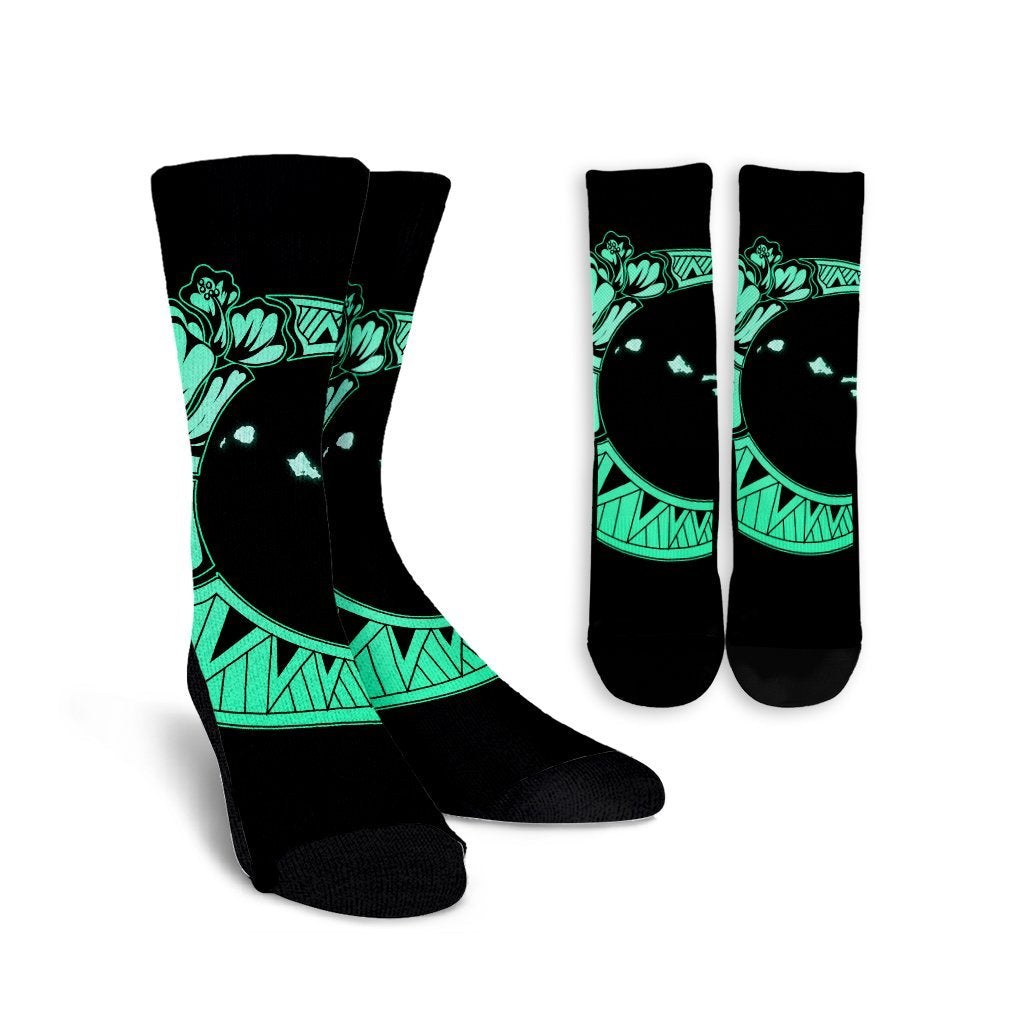 Hawaiian Map Hibiscus Turtle Polynesian Moon Crew Socks Turquoise - AH Crew Socks White - Polynesian Pride
