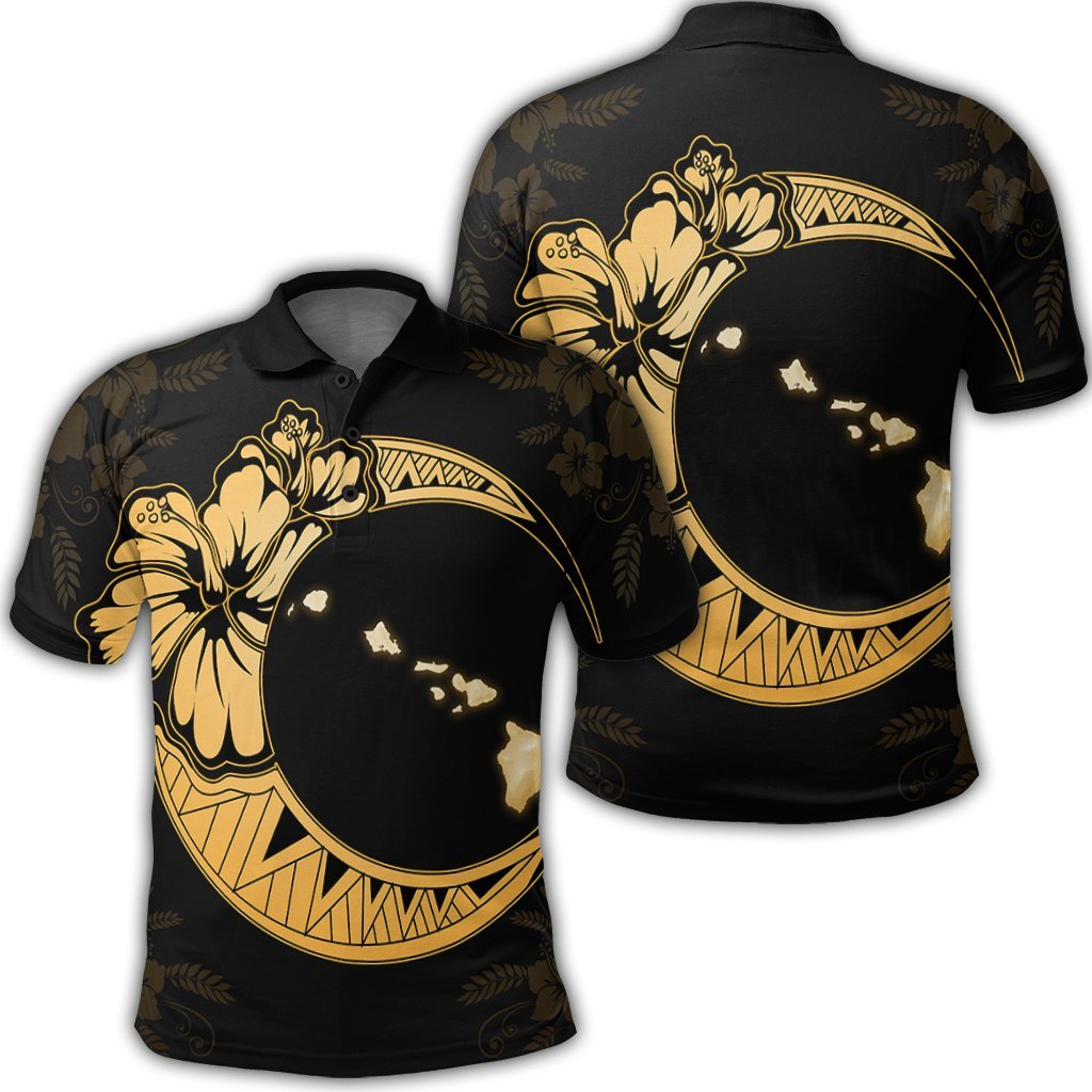 Hawaiian Map Hibiscus Turtle Polynesian Moon Polo Shirt Yellow Unisex Black - Polynesian Pride