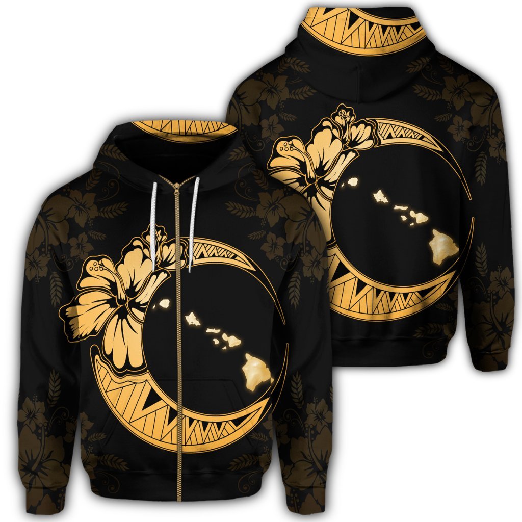 Hawaiian Map Hibiscus Turtle Polynesian Moon Zip Hoodie Yellow Unisex Art - Polynesian Pride