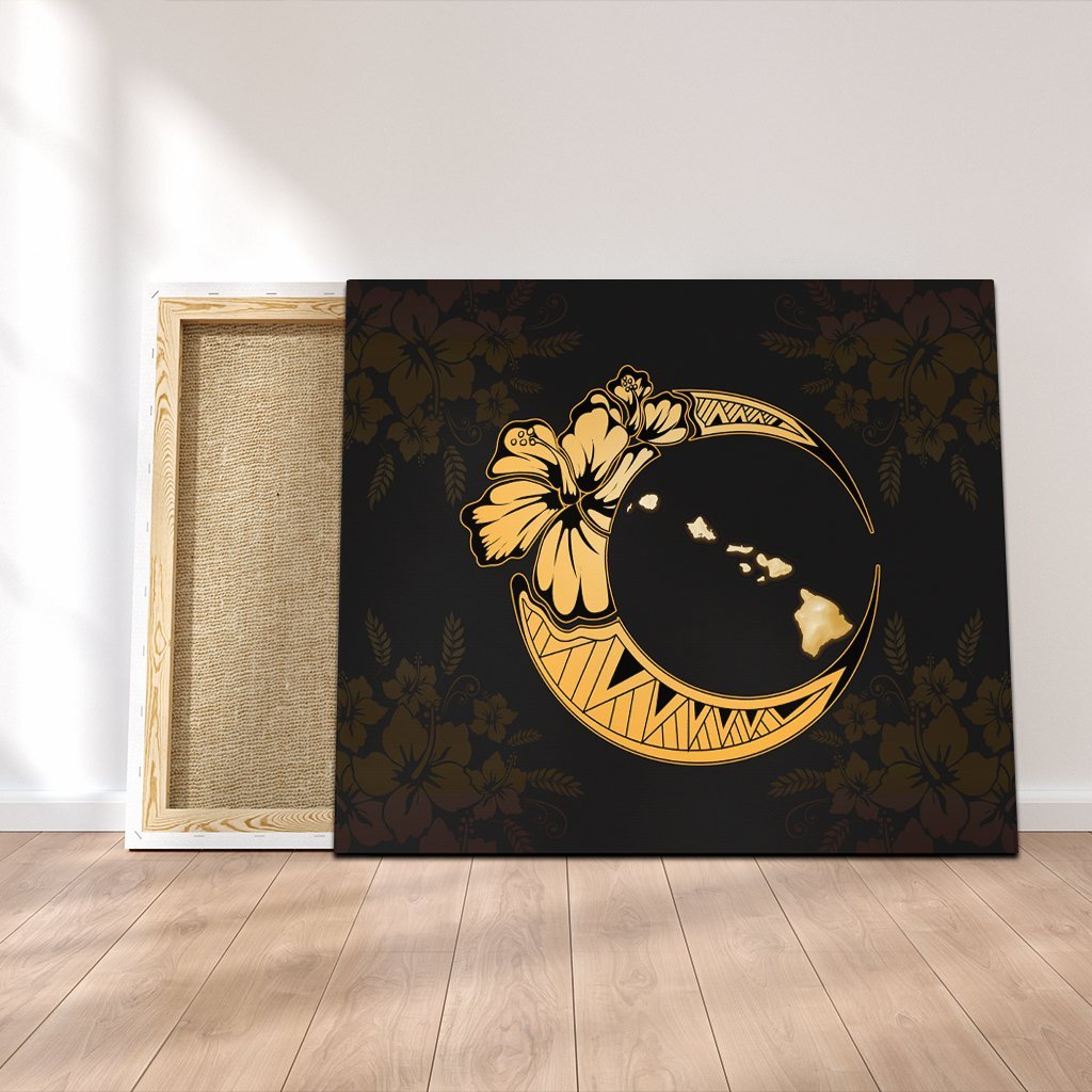 Hawaiian Map Hibiscus Turtle Polynesian Moon Canvas Yellow - AH Canvas Poly-cotton - Polynesian Pride
