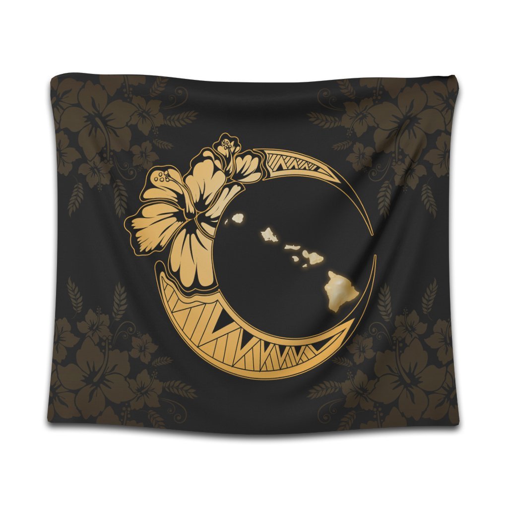 Hawaiian Map Hibiscus Turtle Polynesian Moon Tapestry Yellow - AH Wall Tapestry Black - Polynesian Pride