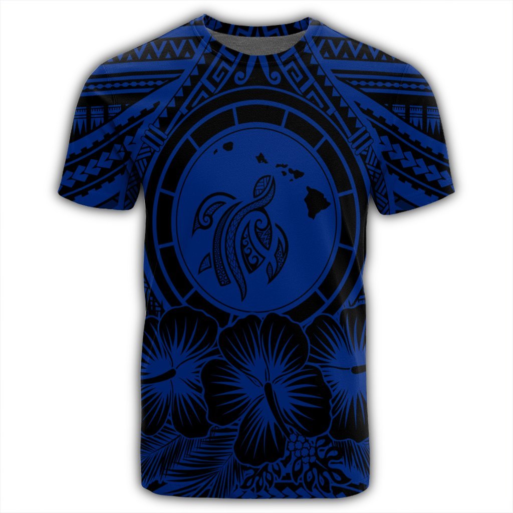 Hawaiian Map Honu Hibiscus Tropic Blue Polynesian T Shirt - Polynesian Pride