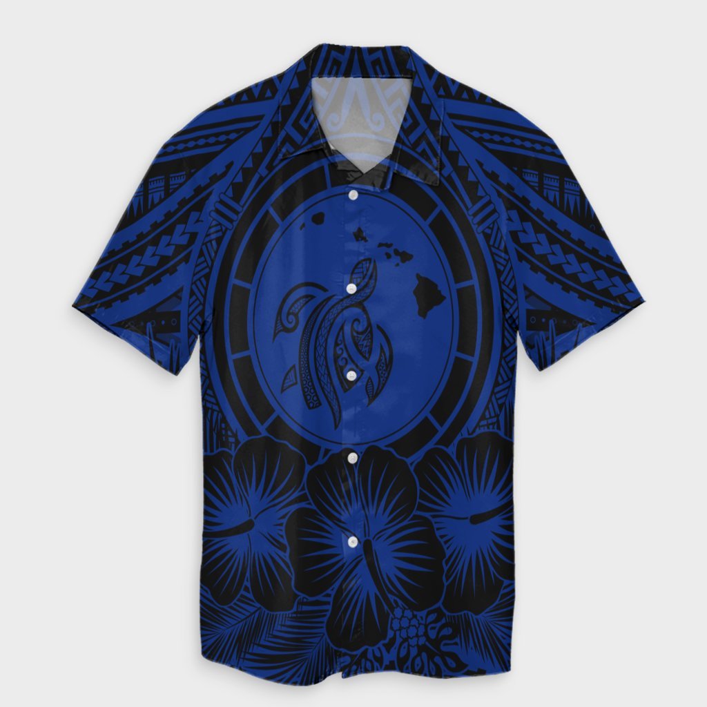 Hawaiian Map Honu Hibiscus Tropic Blue Polynesian Hawaiian Shirt - AH Unisex Black - Polynesian Pride