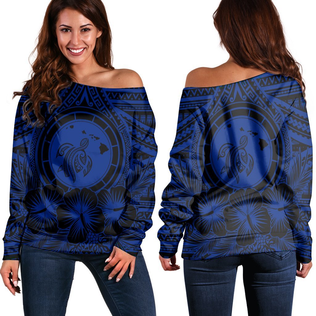 Hawaiian Map Honu Hibiscus Tropic Blue Polynesian Women's Off Shoulder Sweater - AH Black - Polynesian Pride