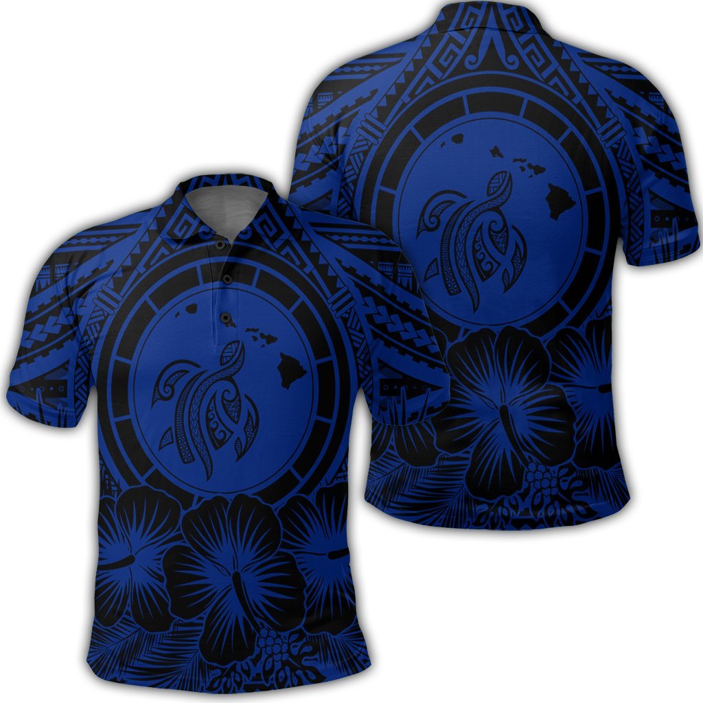 Hawaiian Map Honu Hibiscus Tropic Blue Polynesian Polo Shirt Unisex Black - Polynesian Pride