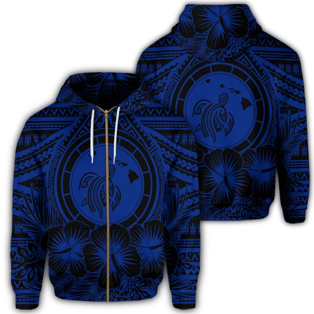 Hawaiian Map Honu Hibiscus Tropic Blue Polynesian Zip Hoodie Unisex Art - Polynesian Pride