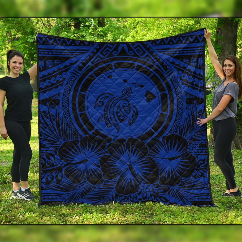 Hawaiian Map Honu Hibiscus Tropic Blue Polynesian Premium Quilts - AH Black - Polynesian Pride