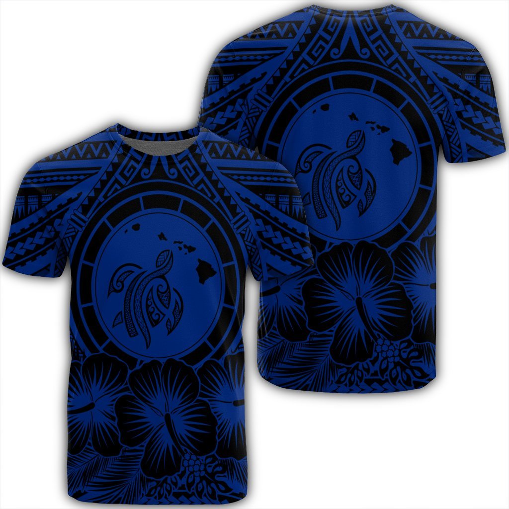 Hawaiian Map Honu Hibiscus Tropic Blue Polynesian T Shirt Unisex Black - Polynesian Pride