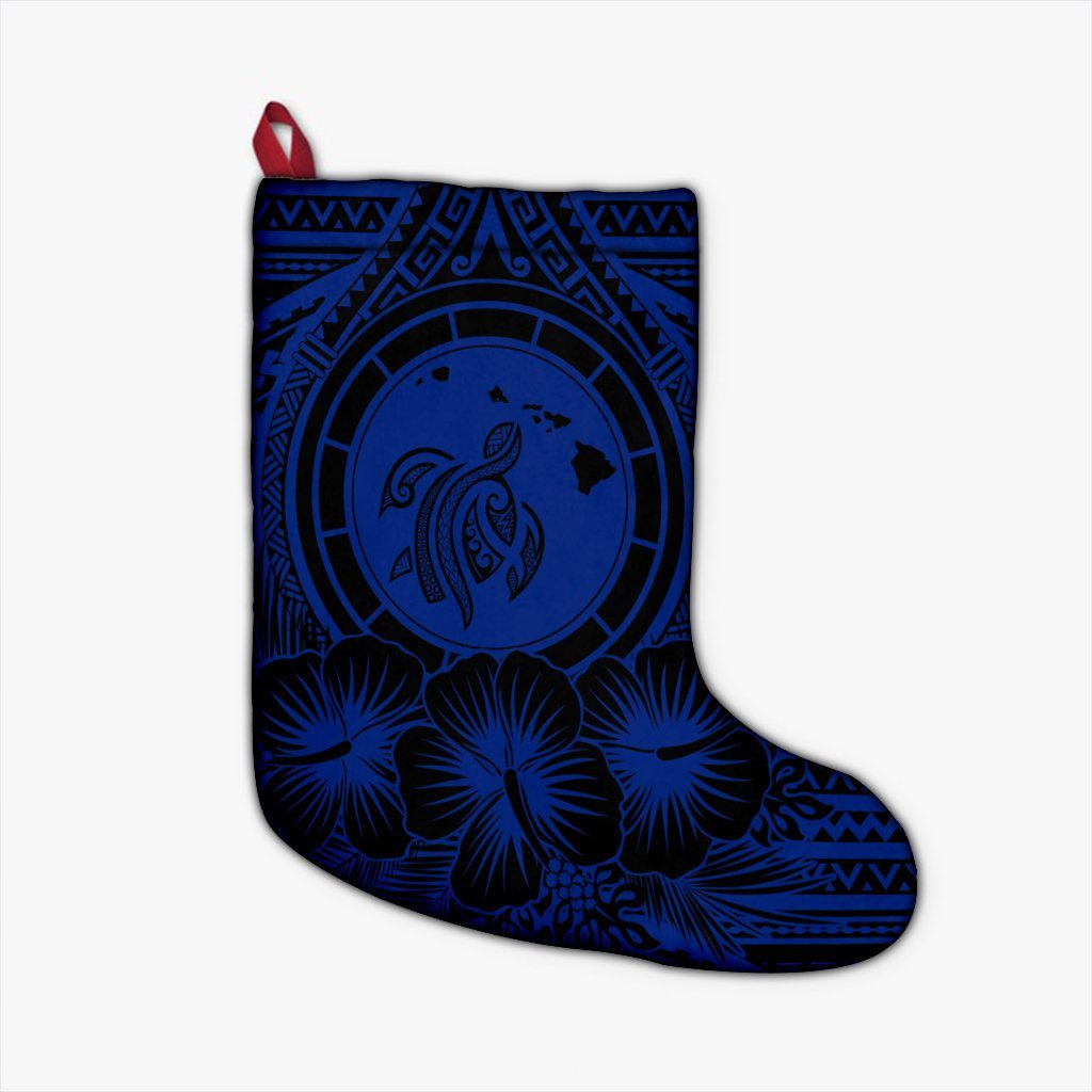 Hawaiian Map Honu Hibiscus Tropic Blue Polynesian Christmas Stocking - AH Christmas Stocking 26 X 42 cm Black - Polynesian Pride