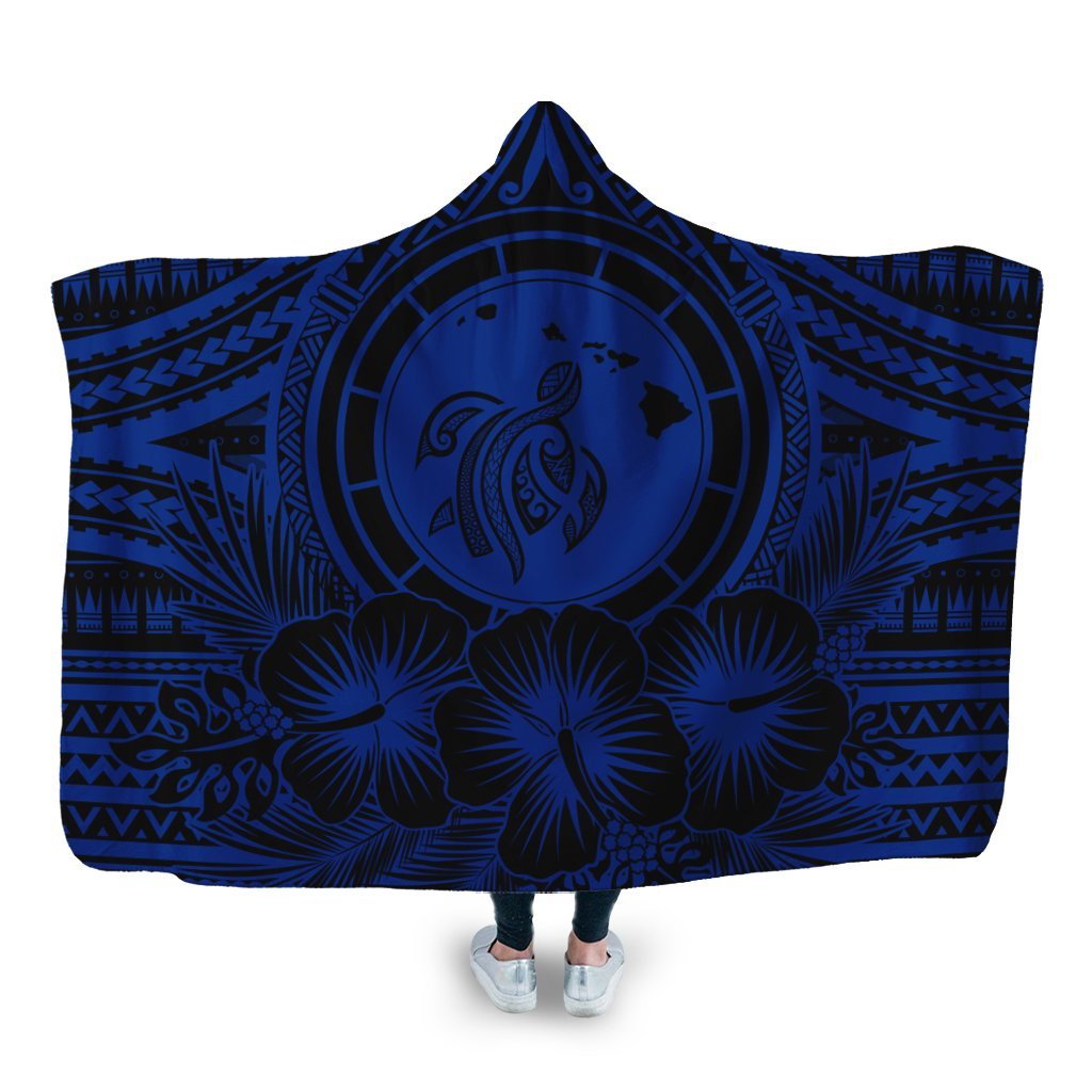 Hawaiian Map Honu Hibiscus Tropic Blue Polynesian Hooded Blanket - AH Hooded Blanket White - Polynesian Pride