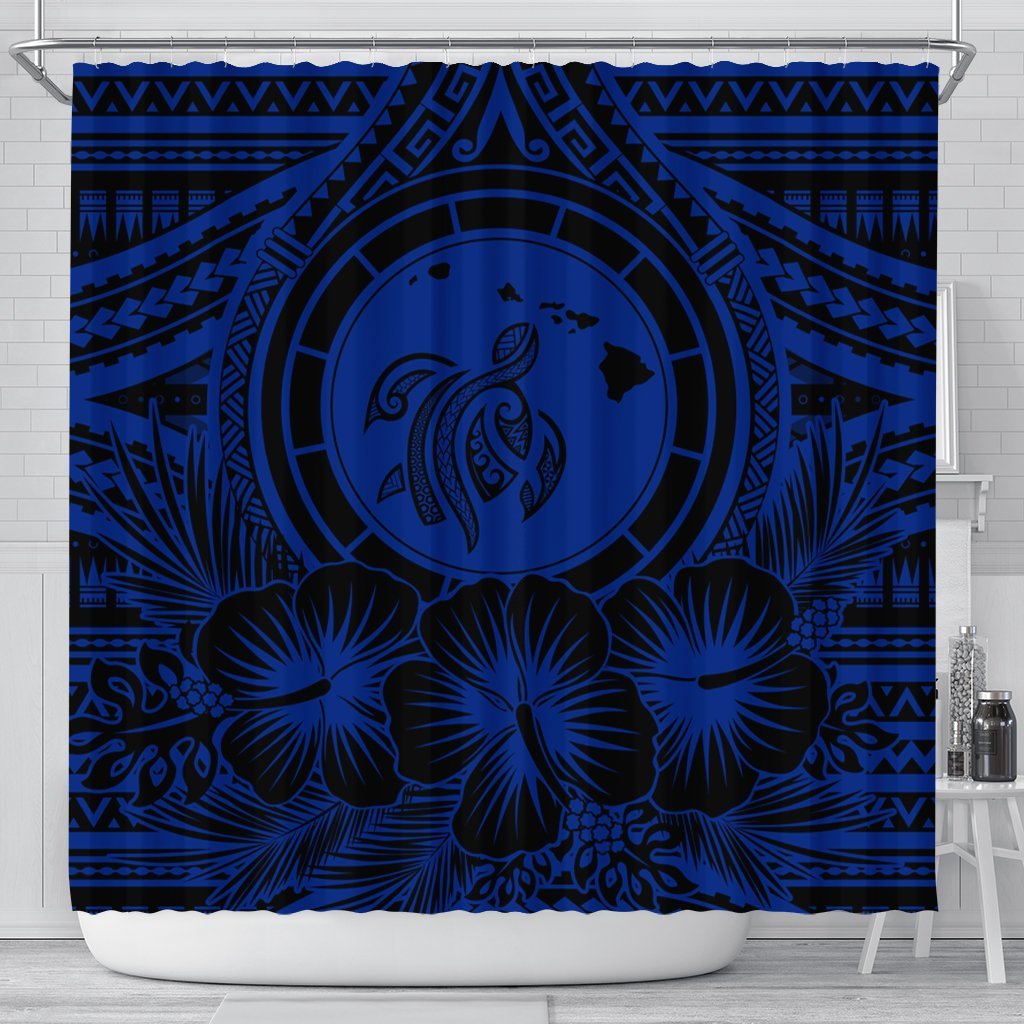 Hawaiian Map Honu Hibiscus Tropic Blue Polynesian Shower Curtain - AH 177 x 172 (cm) Black - Polynesian Pride