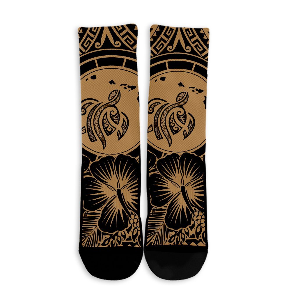 Hawaiian Map Honu Hibiscus Tropic Gold Polynesian Crew Socks - AH - Polynesian Pride