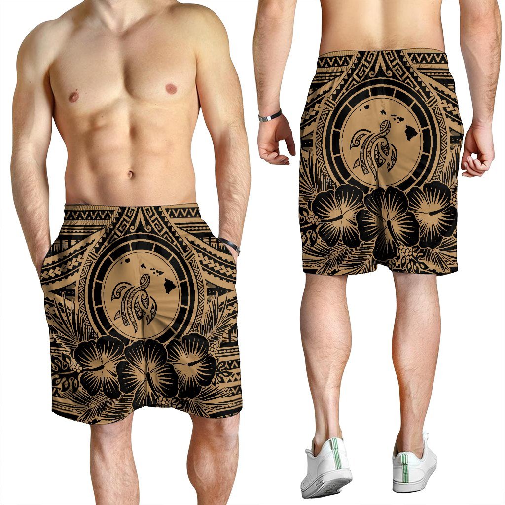 Hawaiian Map Honu Hibiscus Tropic Gold Polynesian Men's Shorts - AH - Polynesian Pride