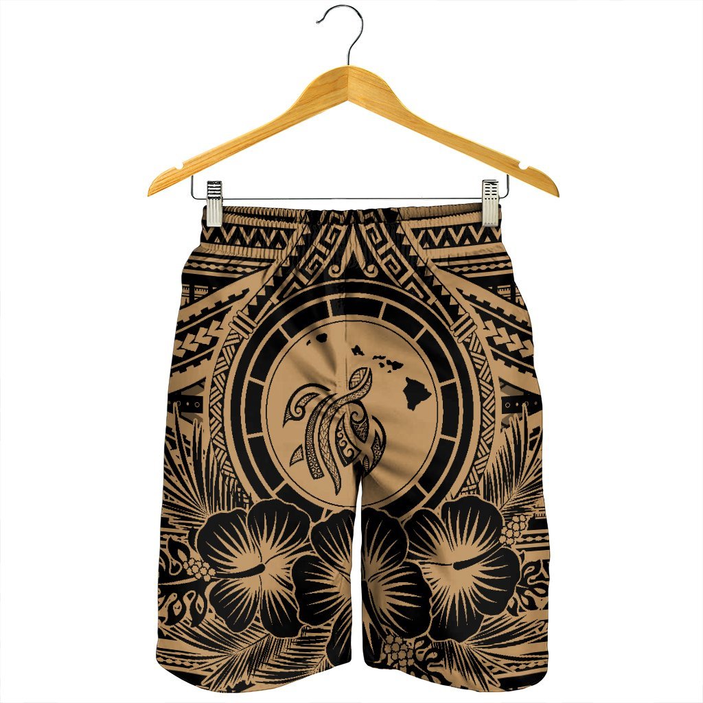 Hawaiian Map Honu Hibiscus Tropic Gold Polynesian Men's Shorts - AH - Polynesian Pride