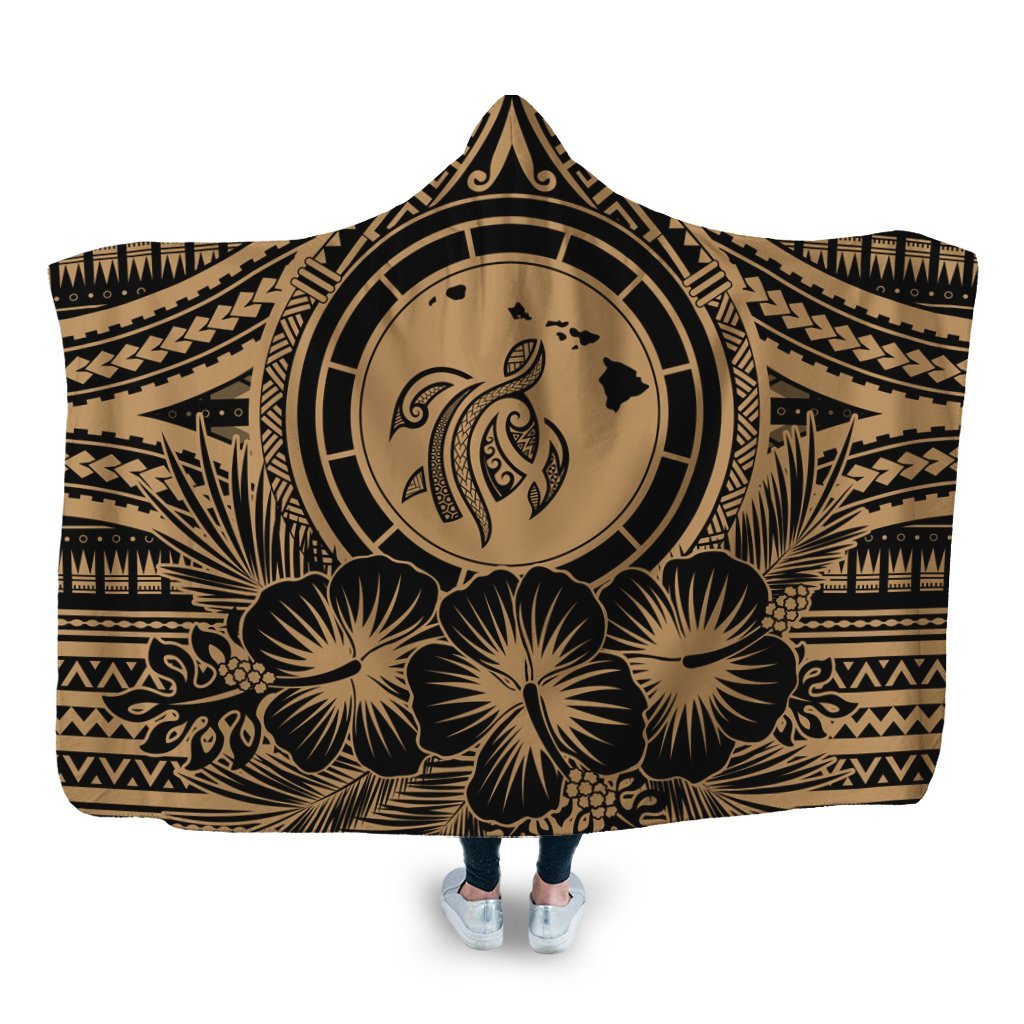 Hawaiian Map Honu Hibiscus Tropic Gold Polynesian Hooded Blanket - AH Hooded Blanket White - Polynesian Pride