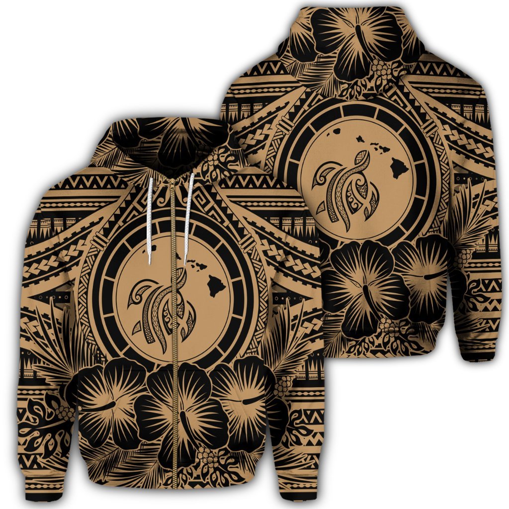 Hawaiian Map Honu Hibiscus Tropic Gold Polynesian Zip Hoodie Unisex Art - Polynesian Pride