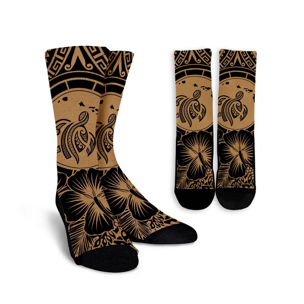 Hawaiian Map Honu Hibiscus Tropic Gold Polynesian Crew Socks - AH Crew Socks White - Polynesian Pride