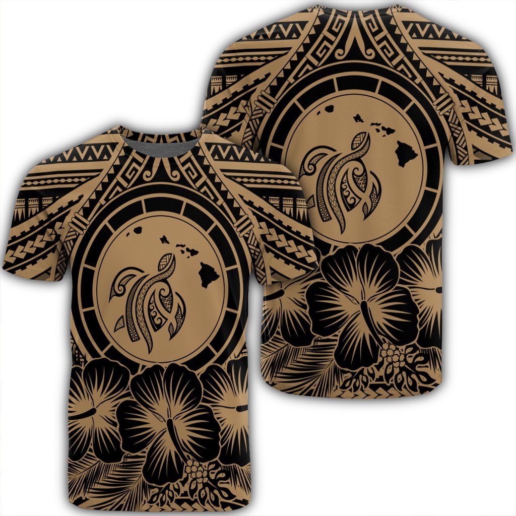 Hawaiian Map Honu Hibiscus Tropic Gold Polynesian T Shirt Unisex Black - Polynesian Pride