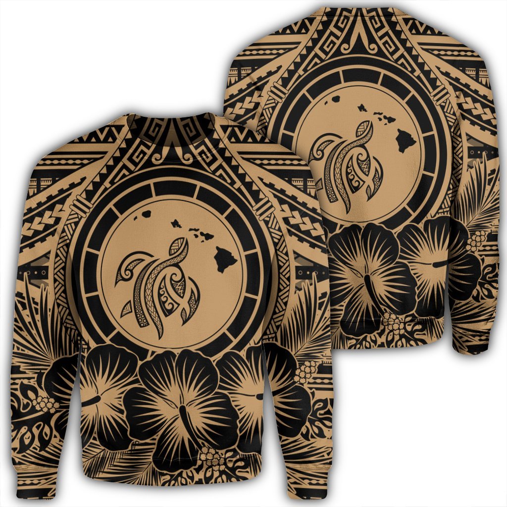 Hawaiian Map Honu Hibiscus Tropic Gold Polynesian Sweatshirt - AH Unisex Black - Polynesian Pride