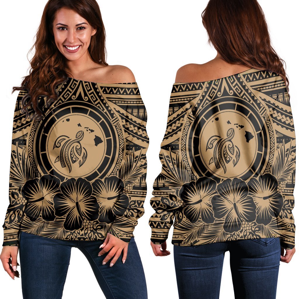 Hawaiian Map Honu Hibiscus Tropic Gold Polynesian Women's Off Shoulder Sweater - AH Black - Polynesian Pride