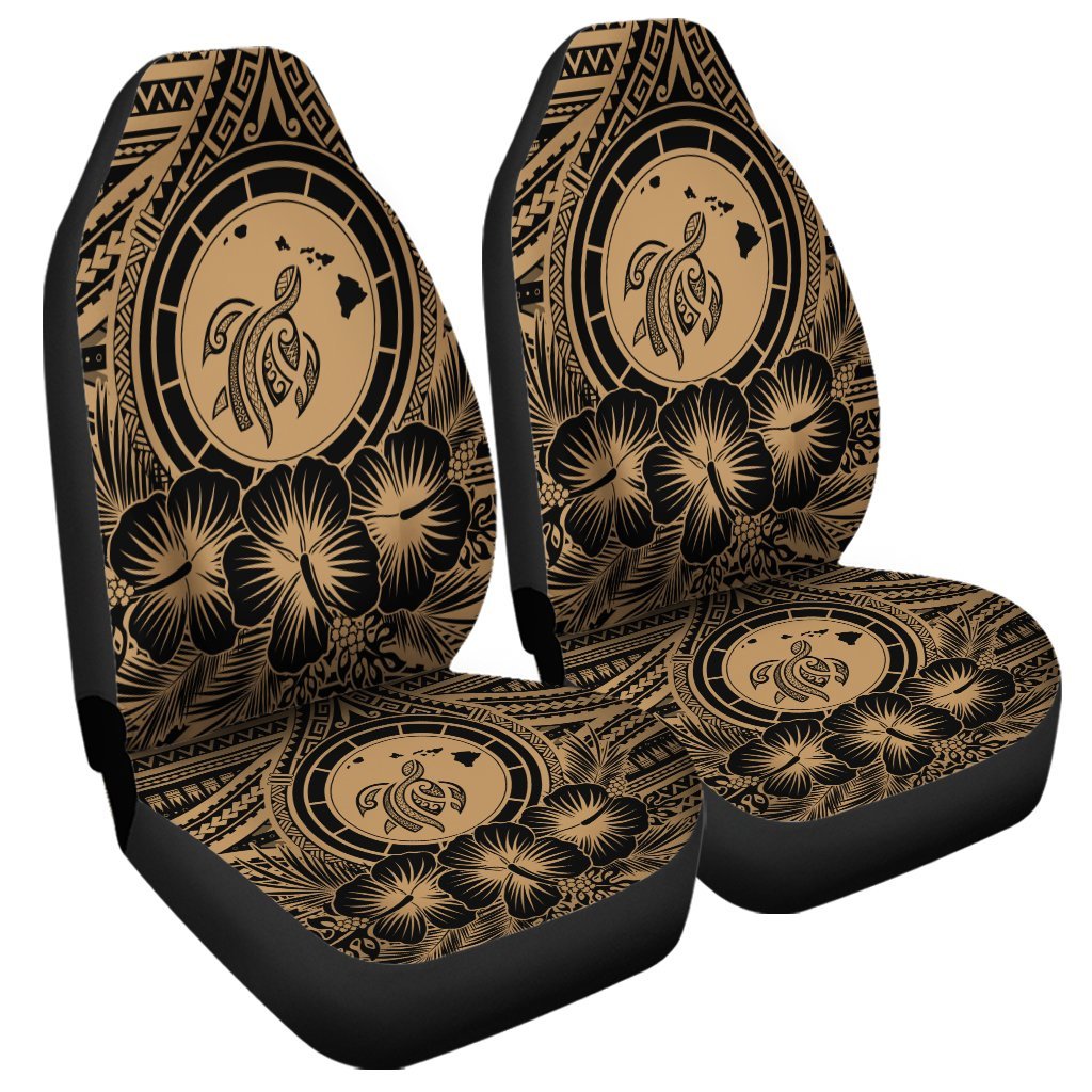 Hawaiian Map Honu Hibiscus Tropic Gold Polynesian Car Seat Covers - AH Universal Fit Black - Polynesian Pride