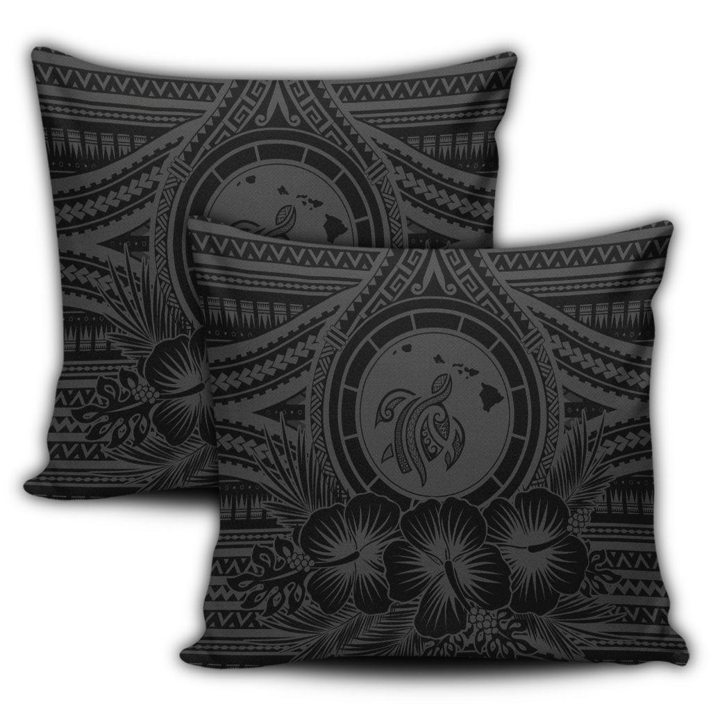 Hawaiian Map Honu Hibiscus Tropic Gray Polynesian Pillow Covers - AH - Polynesian Pride