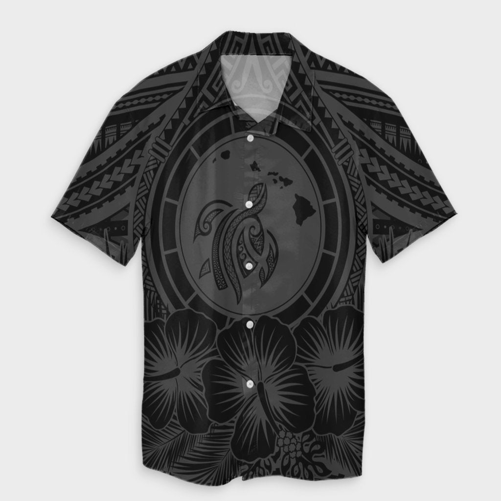 Hawaiian Map Honu Hibiscus Tropic Gray Polynesian Hawaiian Shirt - AH Unisex Black - Polynesian Pride