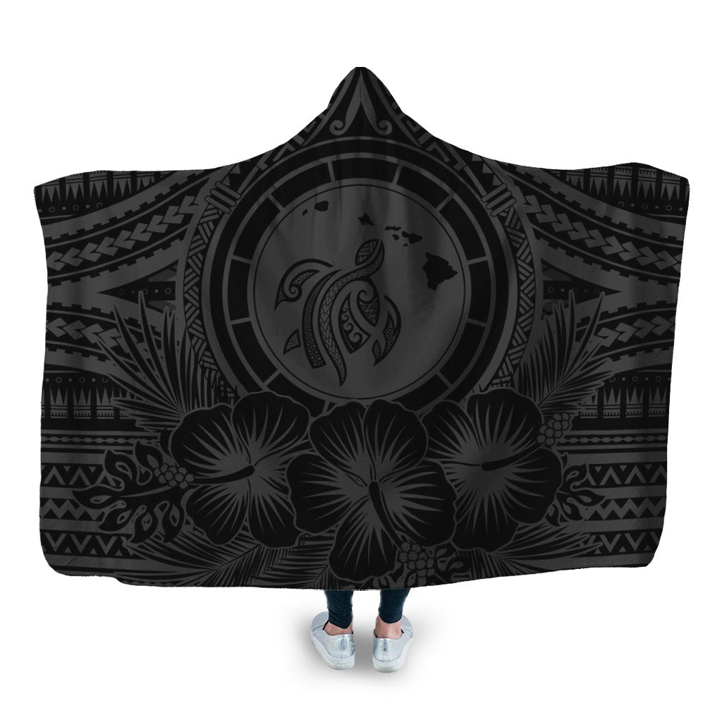 Hawaiian Map Honu Hibiscus Tropic Gray Polynesian Hooded Blanket - AH Hooded Blanket White - Polynesian Pride