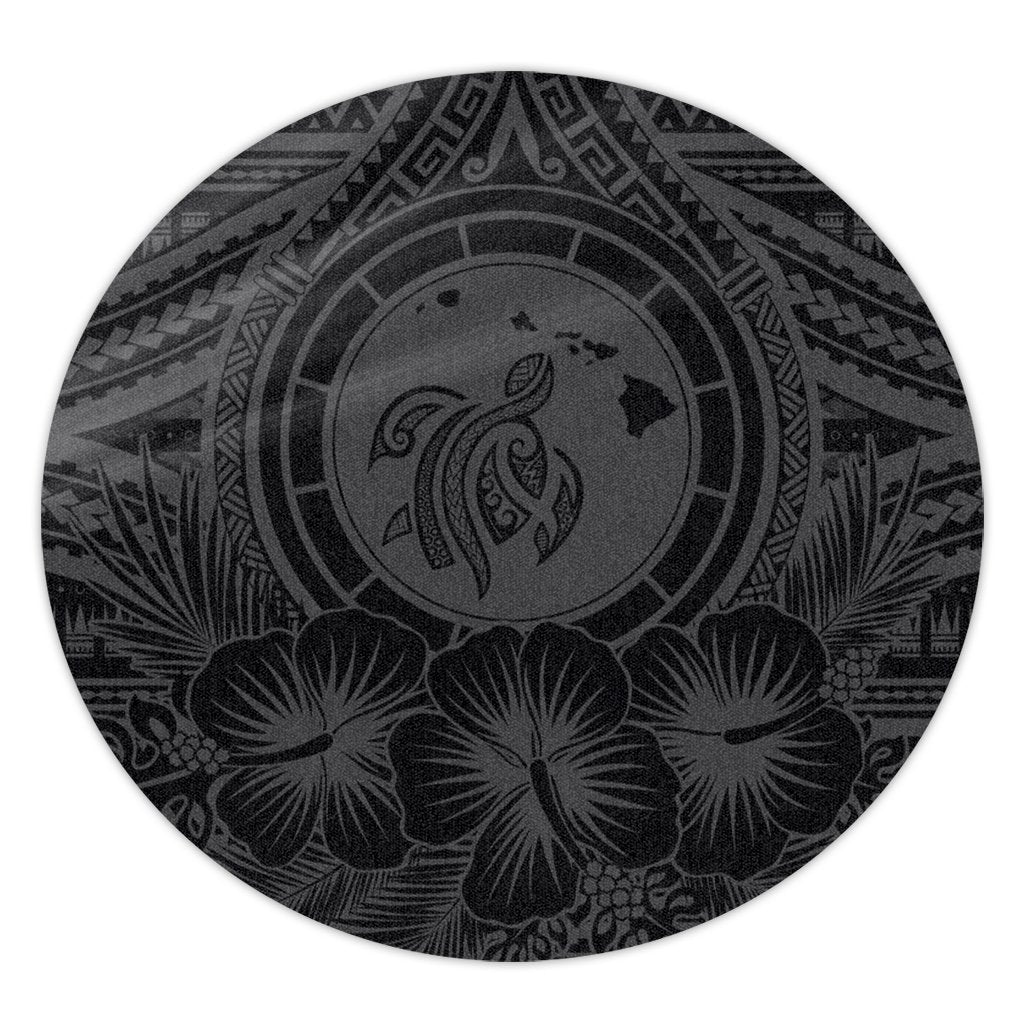 Hawaiian Map Honu Hibiscus Tropic Gray Polynesian Round Carpet - AH Round Carpet Luxurious Plush - Polynesian Pride