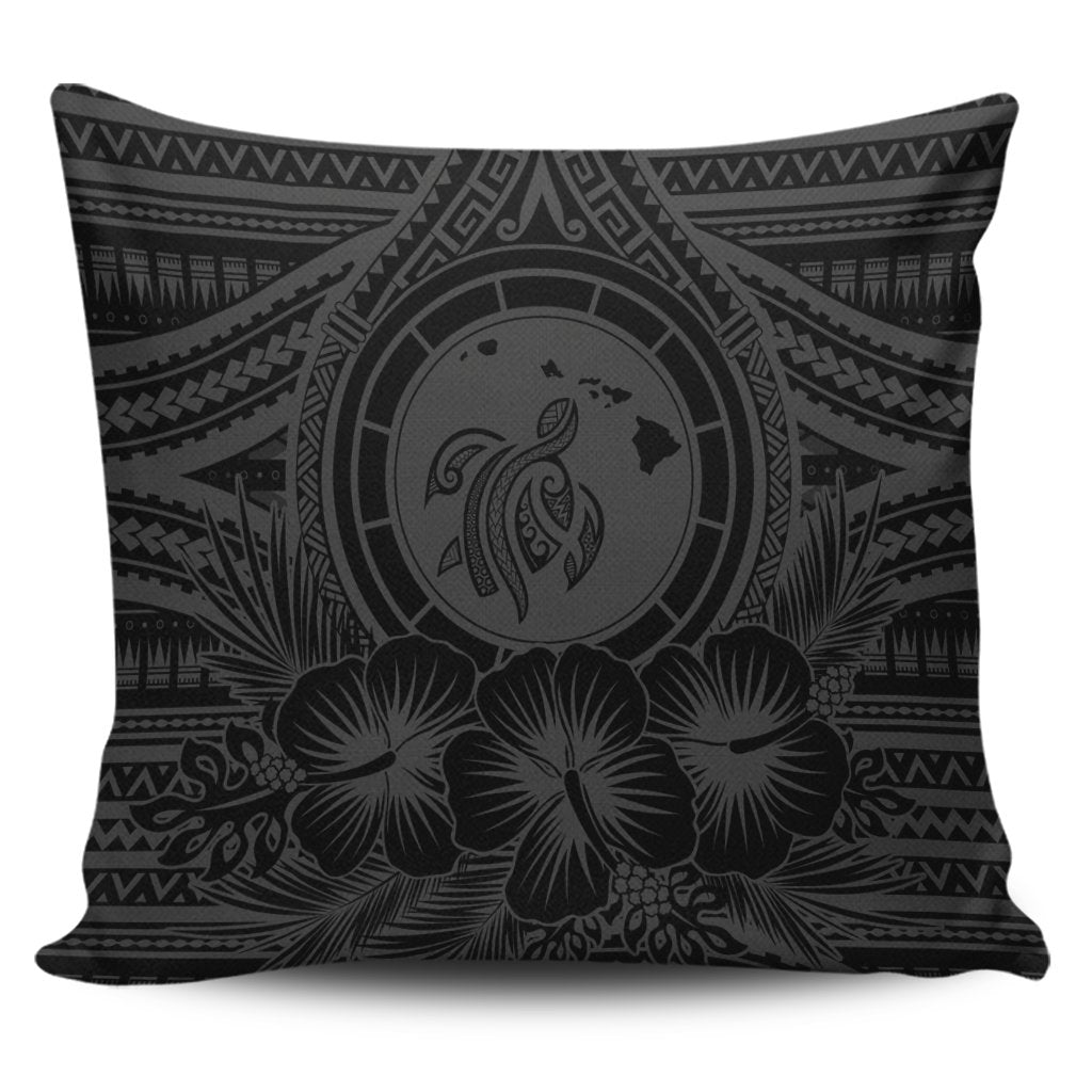 Hawaiian Map Honu Hibiscus Tropic Gray Polynesian Pillow Covers - AH Pillow Covers Black - Polynesian Pride