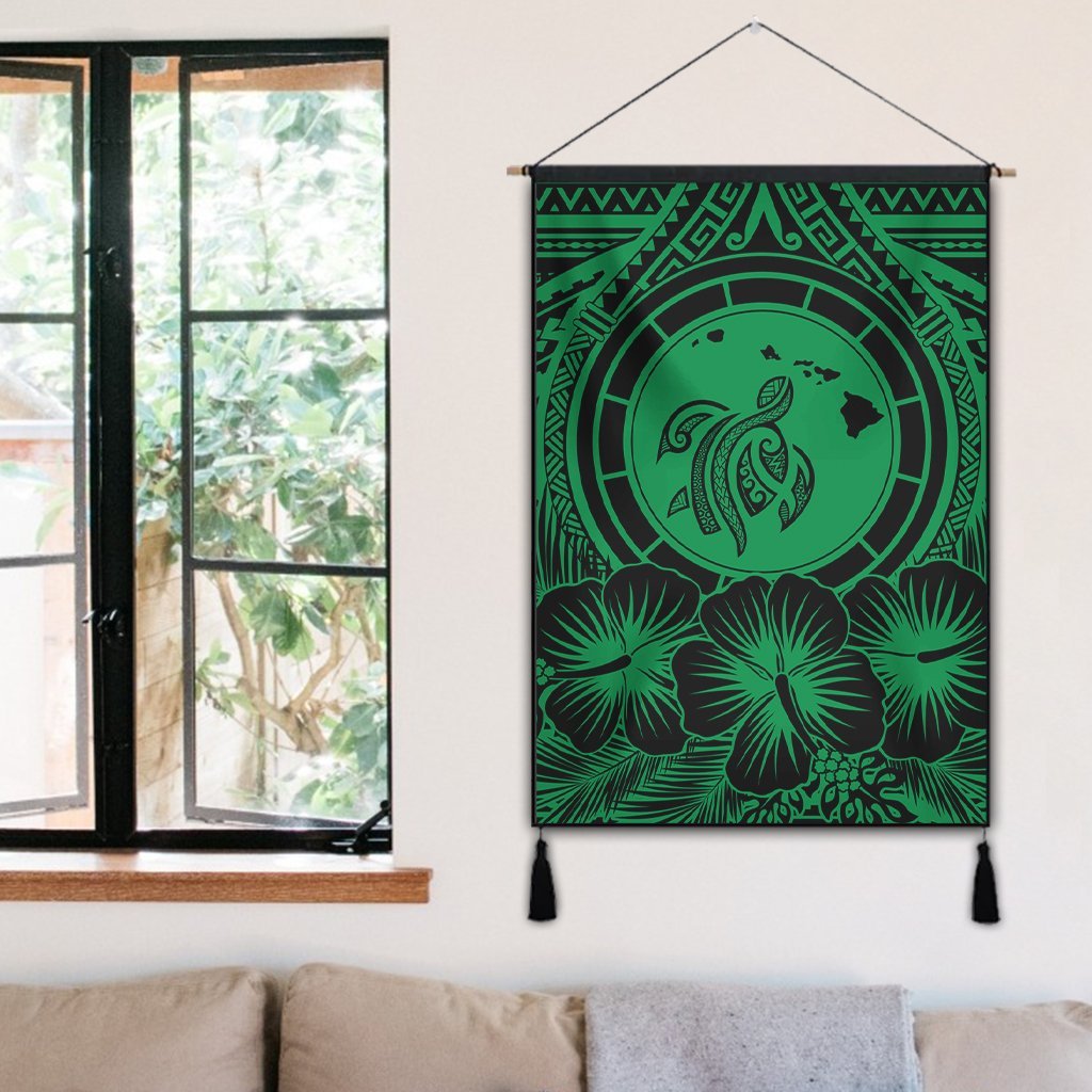 Hawaiian Map Honu Hibiscus Tropic Green Polynesian Hanging Poster - AH - Polynesian Pride