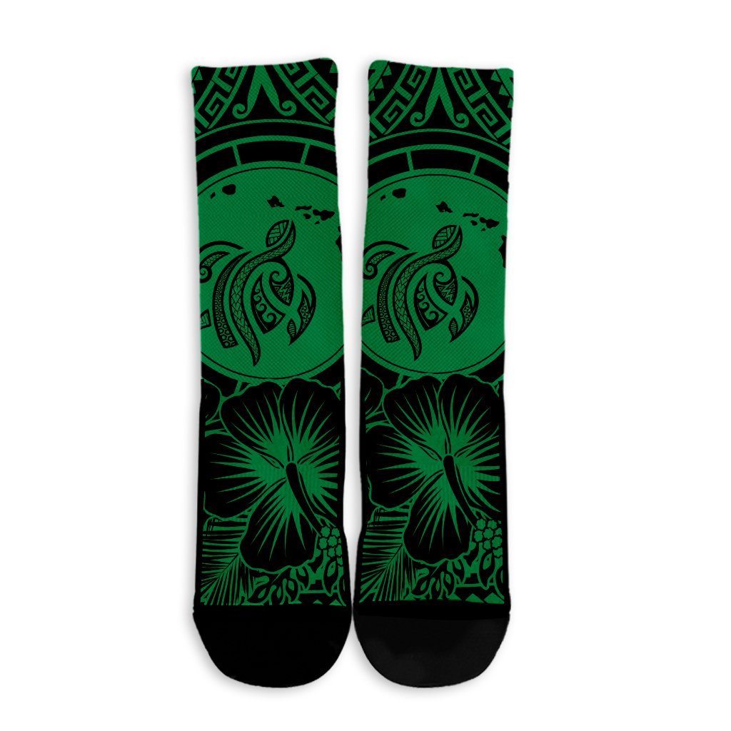 Hawaiian Map Honu Hibiscus Tropic Green Polynesian Crew Socks - AH - Polynesian Pride