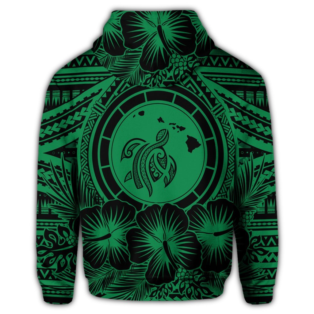 Hawaiian Map Honu Hibiscus Tropic Green Polynesian Hoodie - Polynesian Pride