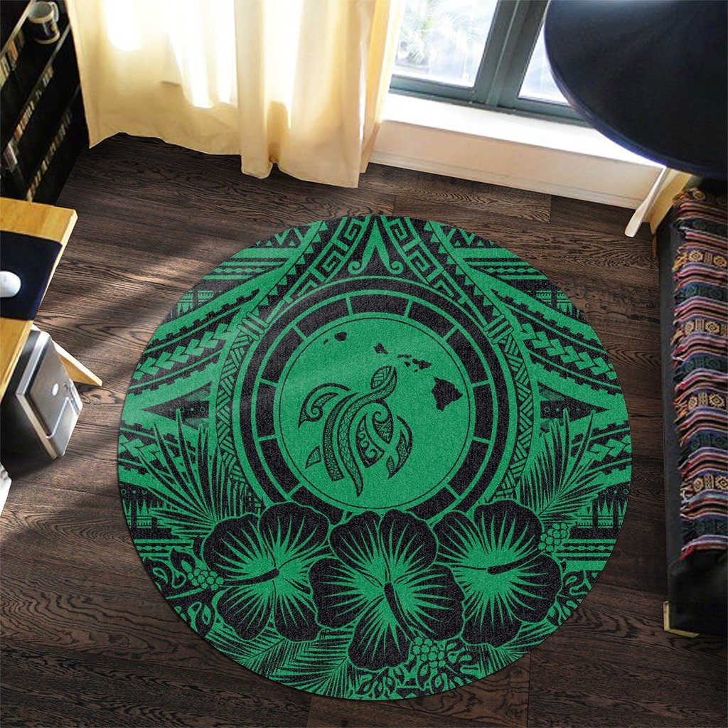 Hawaiian Map Honu Hibiscus Tropic Green Polynesian Round Carpet - AH - Polynesian Pride